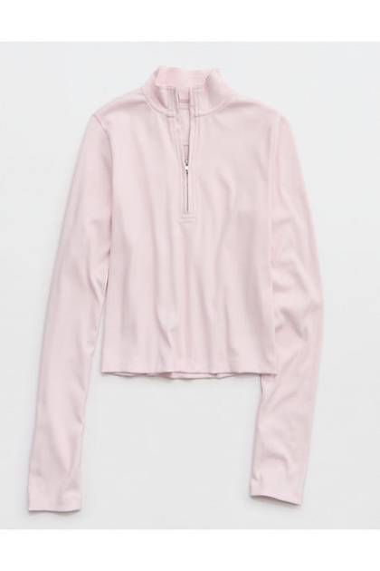 Aerie Long Sleeve Quarter Zip T-Shirt Pink Petal