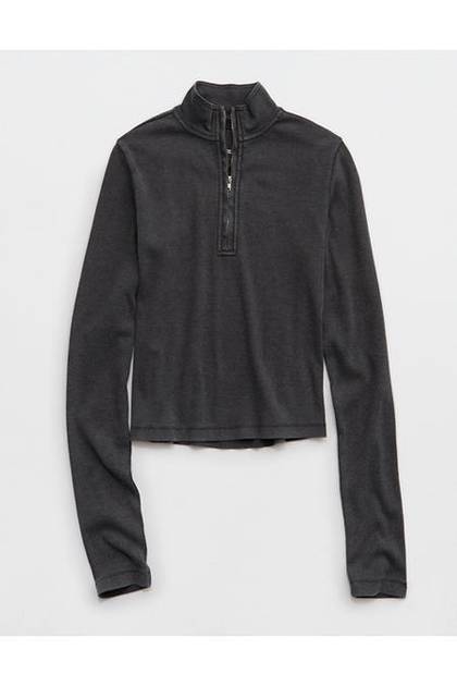 Aerie Long Sleeve Quarter Zip T-Shirt Smoked Gray