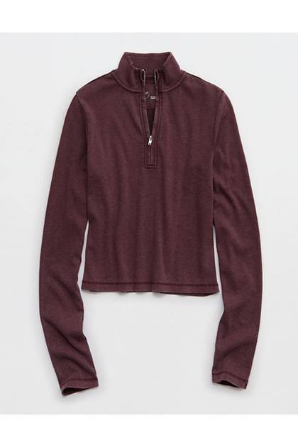 Aerie Long Sleeve Quarter Zip T-Shirt Royal Berry