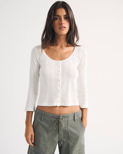 3/4 Sleeve Pointelle Button Through Top