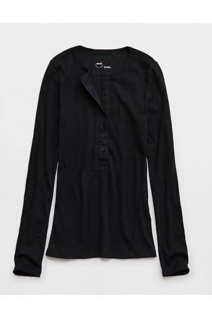 Aerie Essential Henley Layering T-Shirt True Black