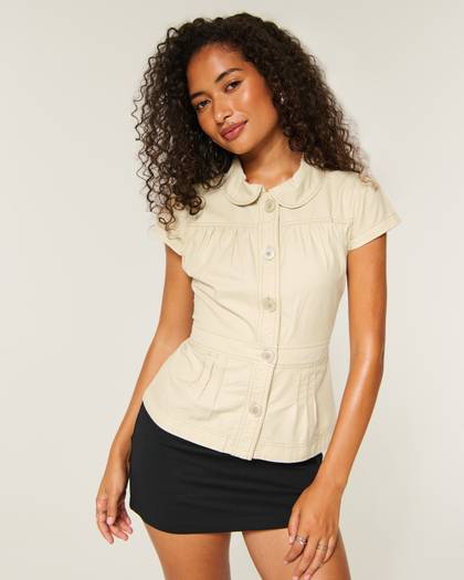 Short Sleeve Twill Peter Pan Collar Shirt