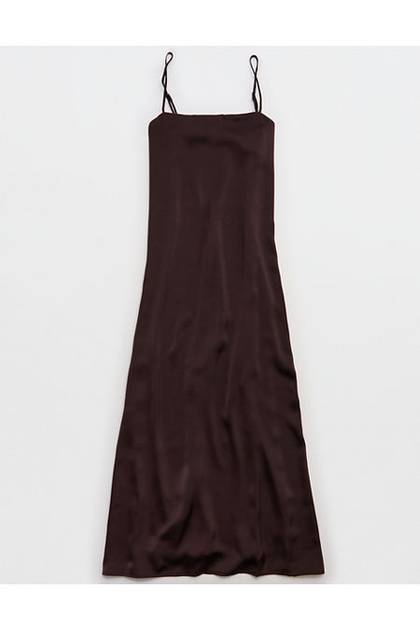 OVERSLEPT by Aerie Liquid Satin Maxi Slip Dress Deep Earth