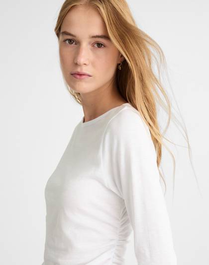 Ruched Crewneck Long-Sleeve Tee in Soft Slub