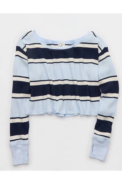 OFFLINE By Aerie Wow! Waffle Long Sleeve Off The Shoulder T-Shirt Royal Navy