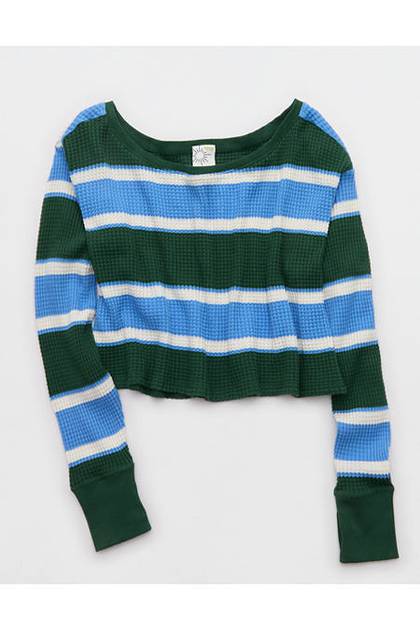 OFFLINE By Aerie Wow! Waffle Long Sleeve Off The Shoulder T-Shirt Rugged Green