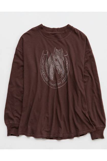 Aerie Cozy Oversized Long Sleeve Boyfriend T-Shirt Brown