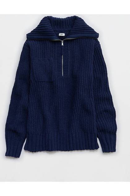 Aerie So Nostalgic Quarter Zip Sweater Navy