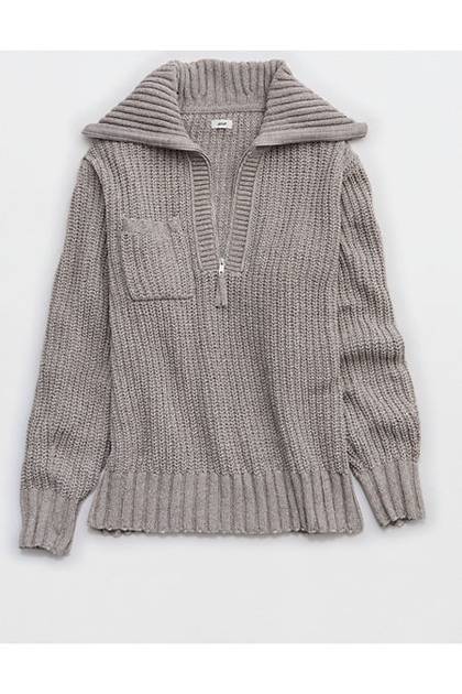 Aerie So Nostalgic Quarter Zip Sweater Heathered Taupe