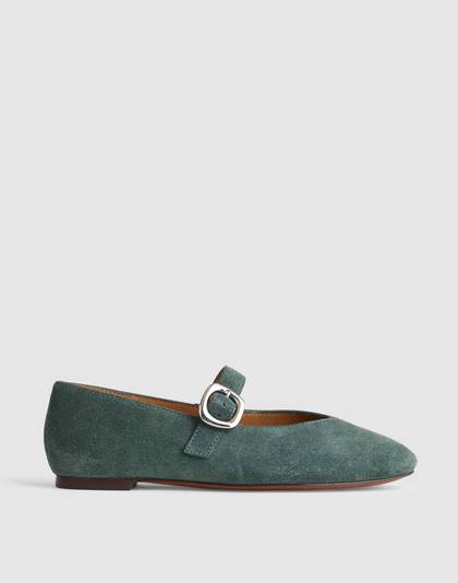 The Remy Puffy-Buckle Mary Jane Flat in Suede