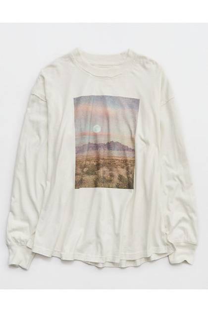 Aerie Cozy Oversized Long Sleeve Boyfriend T-Shirt Soft Muslin