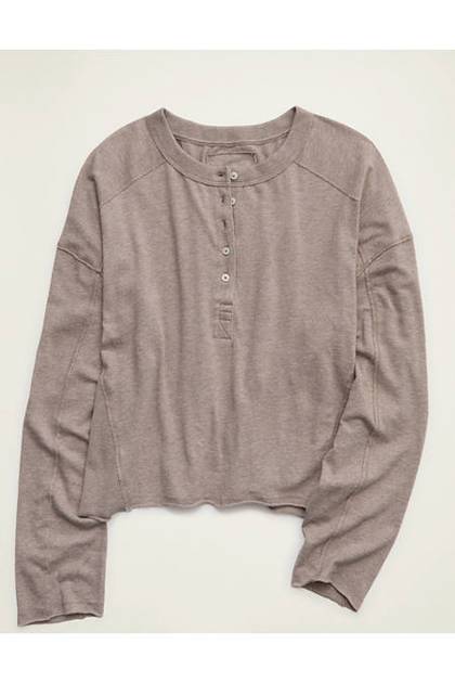 Aerie Happy Snit Henley T-Shirt Heathered Taupe