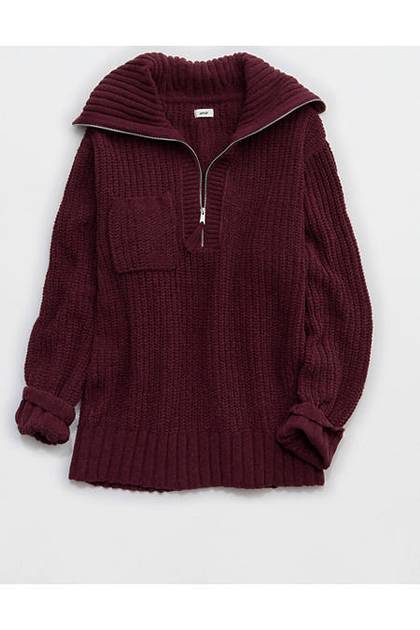 Aerie So Nostalgic Quarter Zip Sweater Royal Berry