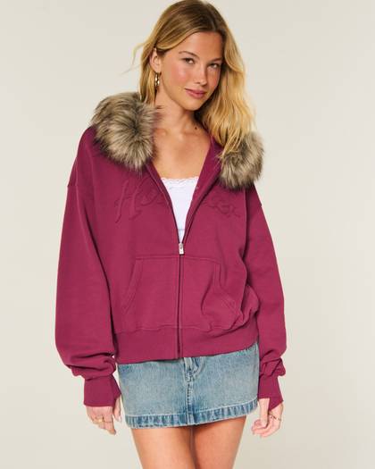 Hollister Feel Good Faux Fur Trim Logo Zip-Up Hoodie