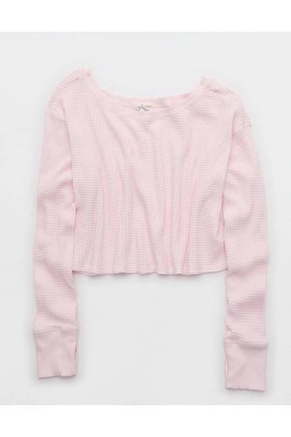 OFFLINE By Aerie Wow! Waffle Long Sleeve Off The Shoulder T-Shirt Pink Petal