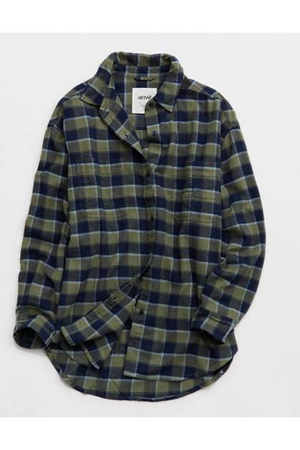 Aerie Anytime Fave Flannel Oversized Shirt Olive Fun