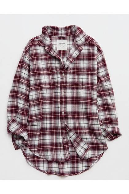 Aerie Anytime Fave Flannel Oversized Shirt Deep Ruby
