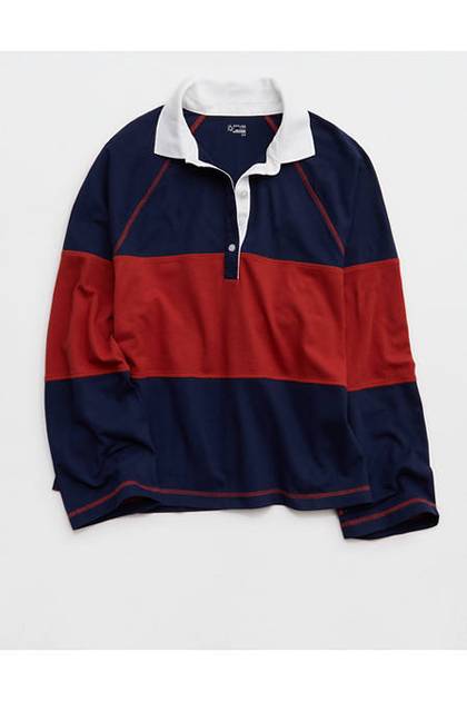 OFFLINE By Aerie Long Sleeve Pique Striped Rugby T-Shirt Royal Navy