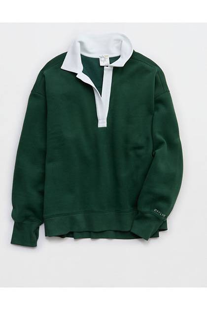 OFFLINE By Aerie Cloud Fleece Polo Sweatshirt Rugged Green