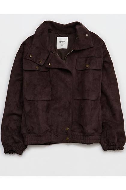 Aerie Faux Suede Bomber Jacket Deep Earth