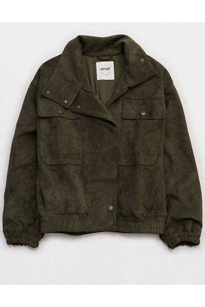 Aerie Faux Suede Bomber Jacket Festive Olive