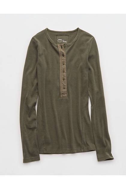 Aerie Essential Henley Layering T-Shirt Festive Olive