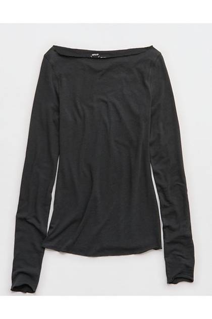 Aerie Sheer Happiness Boatneck T-Shirt Smoked Gray