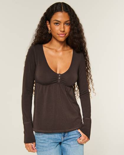 Long-Sleeve Henley Babydoll Top