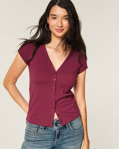 Short-Sleeve V-Neck Button-Through Top