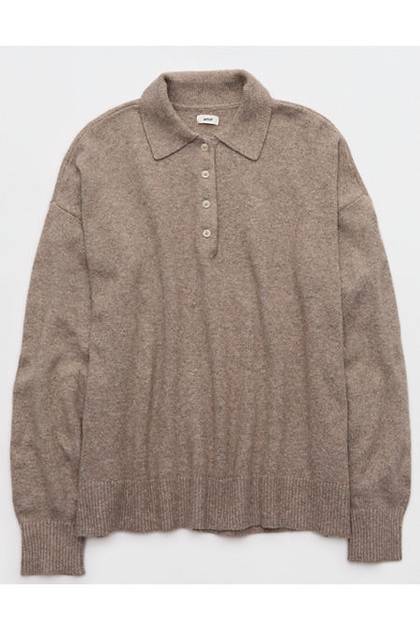 Aerie Sunday Soft® Plush Polo Sweater Heathered Taupe