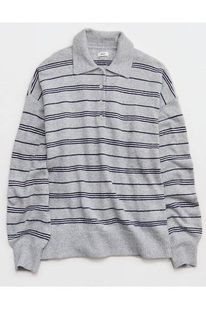 Aerie Sunday Soft® Plush Polo Sweater Medium Heather Gray