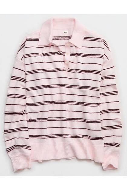 Aerie Sunday Soft® Plush Polo Sweater Pink Petal