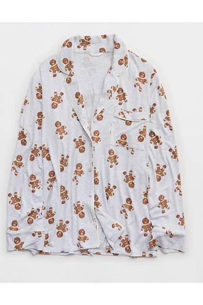 Aerie Real Soft® Piping Long Sleeve PJ Top Twine