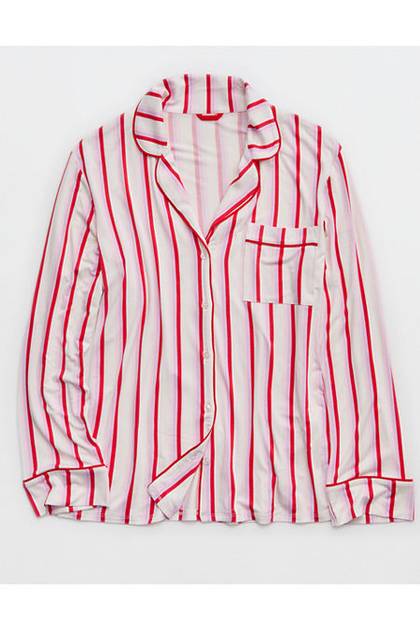 Aerie Real Soft® Piping Long Sleeve PJ Top Pink