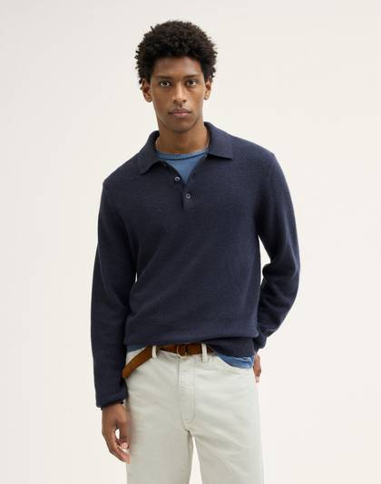 Textured-Stitch Long-Sleeve Polo Shirt in Harbor Wool Blend