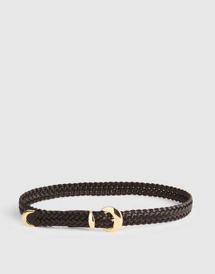 Domed-Buckle Wide Belt in Woven Leather