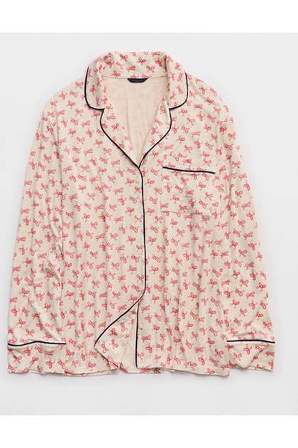Aerie Real Soft® Piping Long Sleeve PJ Top Preppy Red