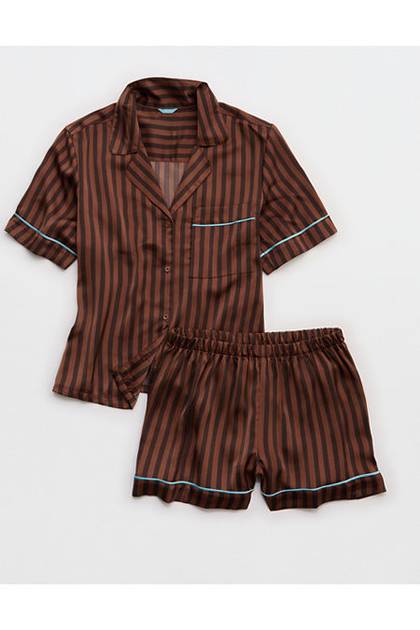 Aerie Liquid Satin PJ Short Sleeve Top & Boxer Gift Set Universe